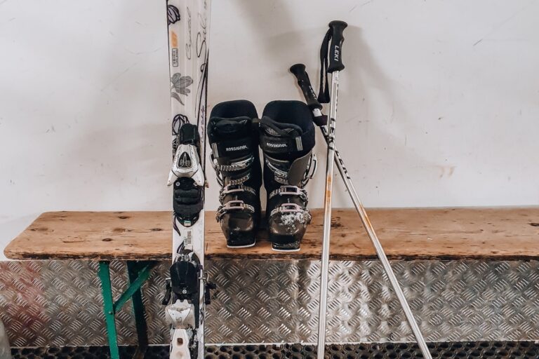 pack for contiki ski austria my ski equipment, ski boots, skis and ski poles on a bench