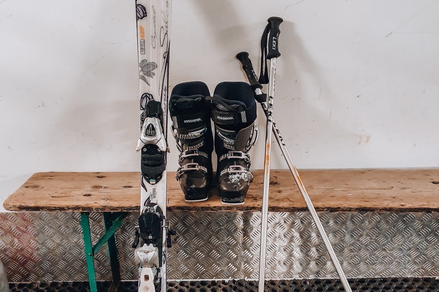 pack for contiki ski austria my ski equipment, ski boots, skis and ski poles on a bench
