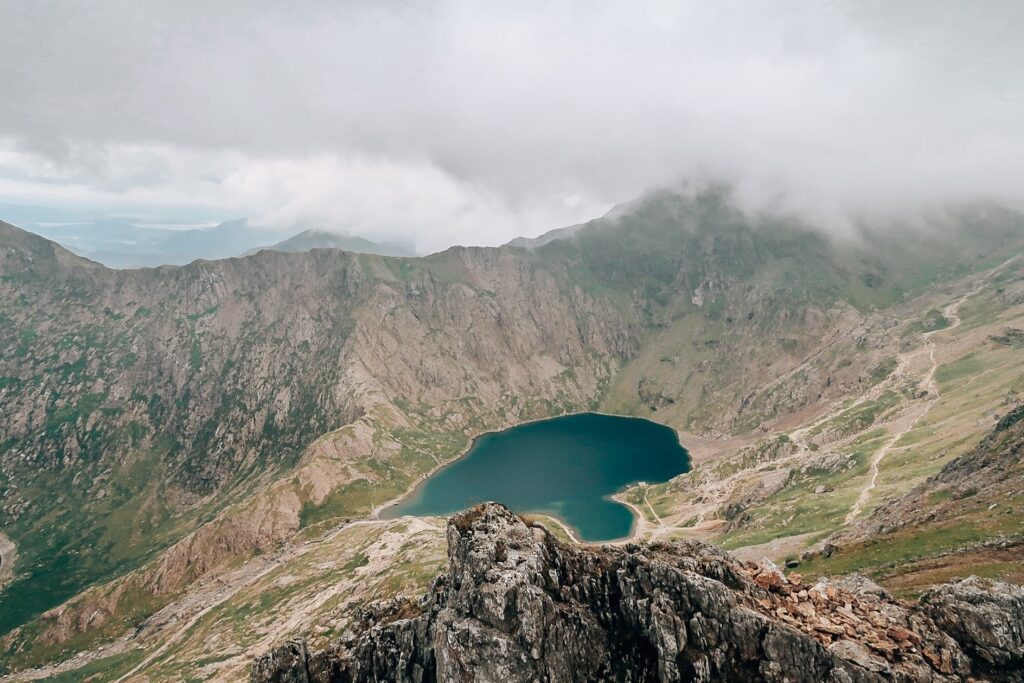 views from the crib goch track on route to mount snowdon. You can see the lake in the middle surrounded by mountains