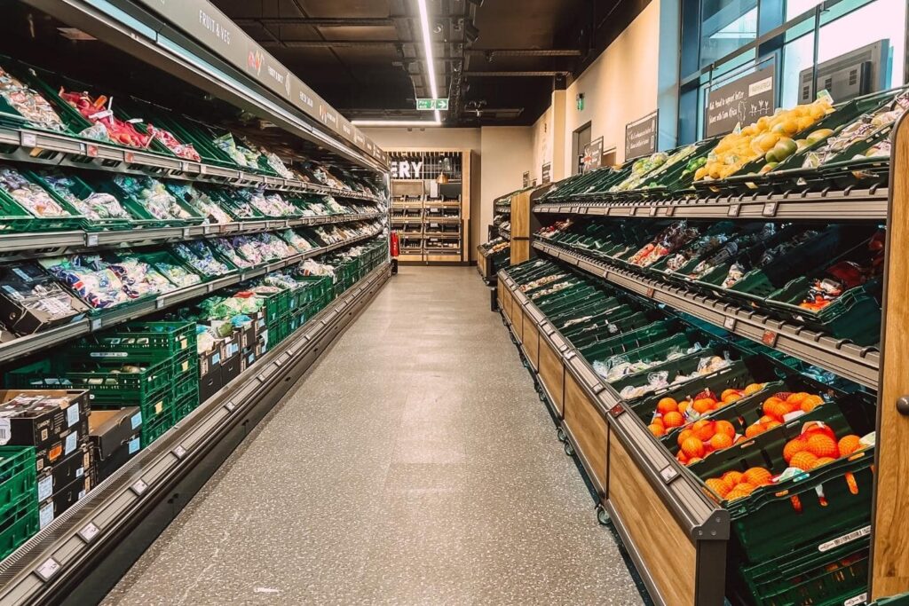 fresh fruit and vegetables in Aldi checkout free store.