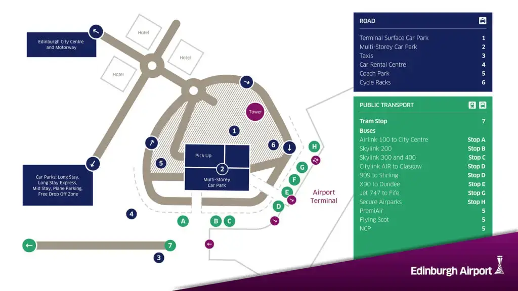 Edinburgh Airport drop off, parking and public transport map